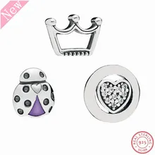 925 короны из стерлингового серебра и божьей коровки и фирменные бусины в форме сердца DIY Fit Pandora подвешиваемый кулон Подвески 3 шт./партия FLS026