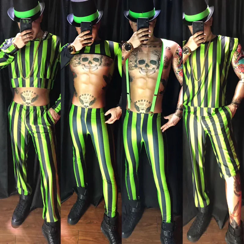 

Nightclub bar male singer DJ DS fluorescent green striped jazz stage costumes performance dance clothes