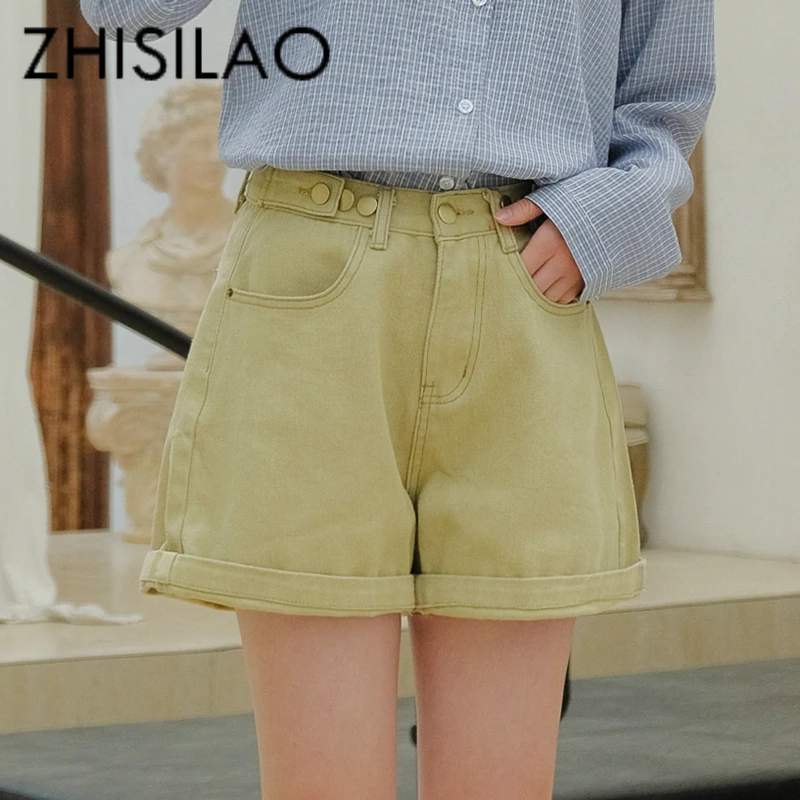 

Streetwear Summer Jeans Short Women 2019 High Waist Solid Green Denim Short Femme Chic Wide Leg Short Plus Size Hotpants