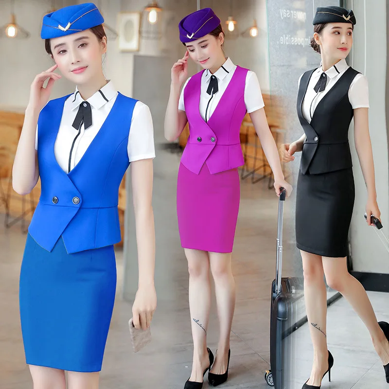 

IZICFLY New Skirt Suit Vest Waistcoat Formal tailleur femme jupe et veste elegant women Airline Stewardess Uniform work wear