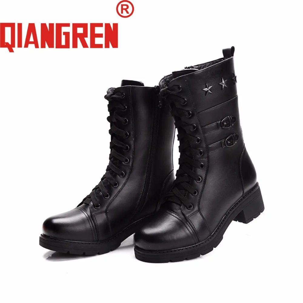 Bottes Vache En Hiver Moto Neige Femme Marque Caoutchouc Cuir Véritable Militaire Noir Femmes Extérieur Qiangren Laine De 1pwFwP
