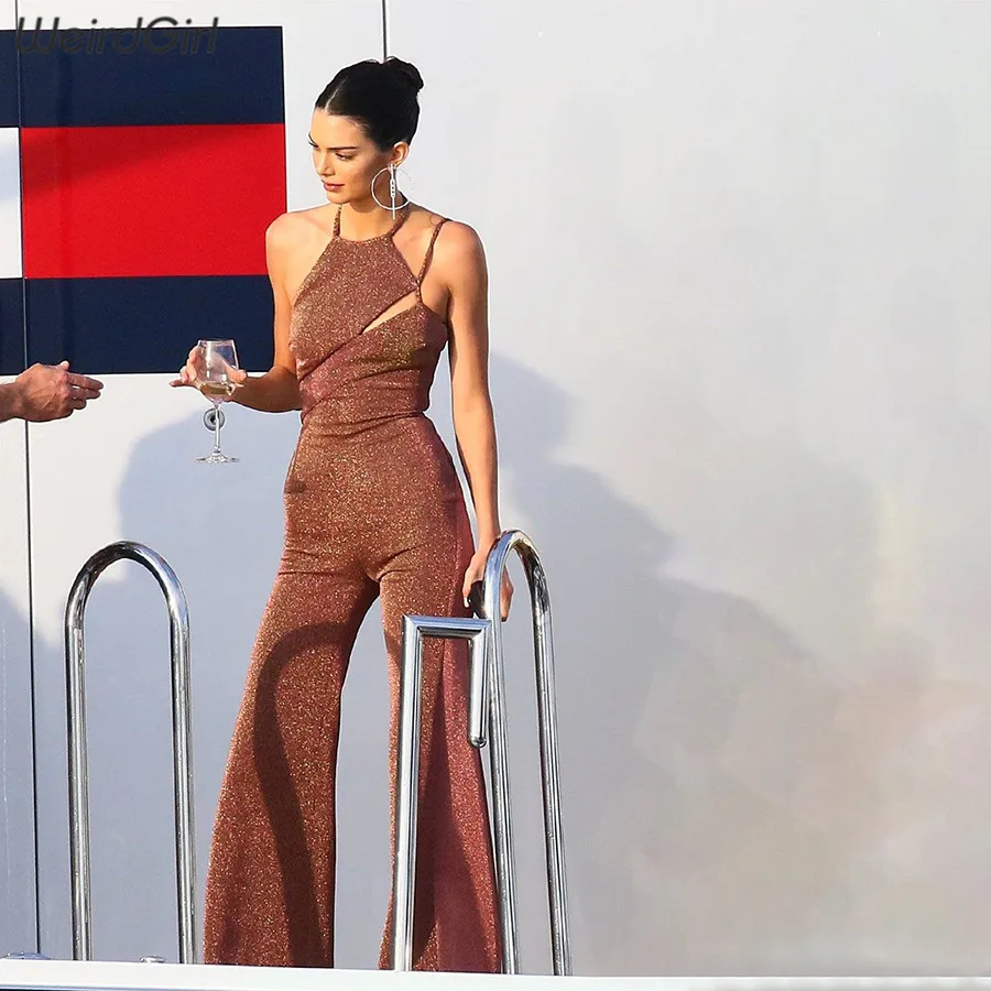 

Weirdgirl women sexy elegant jumpsuits party club halter sleeveless hollow out boot cut female trouser lady solid summer new