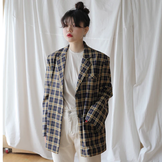 Korean Style Women Blazers Plaid Coat Oversized Womens Blazer Casual