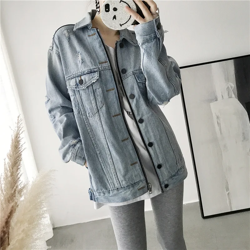 

Retro Make Old Wash Light Shape Hole Zipper Denim Jacket Turn-down Collar Full Zippers Pockets Women Coats and Jackets