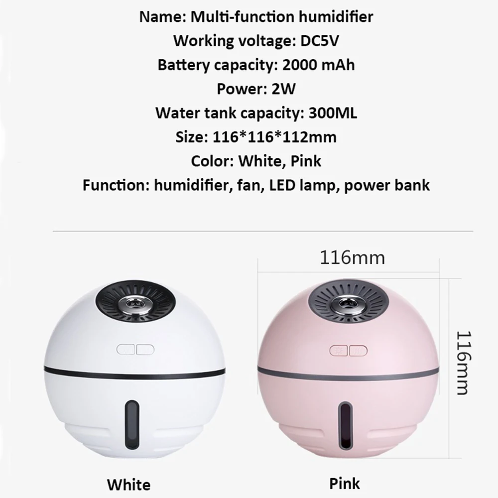 4 in 1 Multi function Air Humidifier with Fan LED Lamp 2000mAh Built-in Lithium Battery Rechargeabl