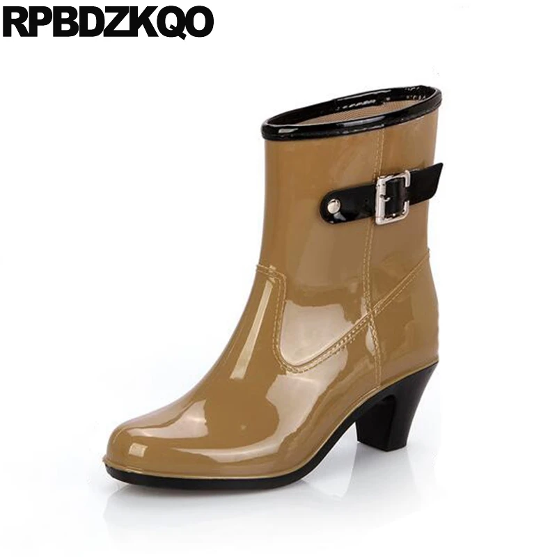 Rain Chunky High Heel Shoes Women Ankle Boots Medium Female Round Toe