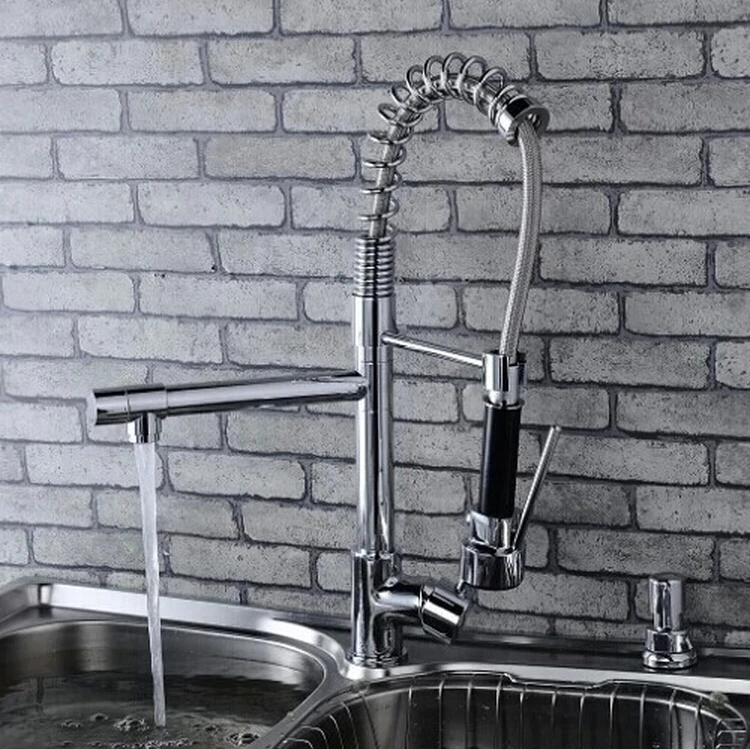 Hot Sale Polished Chrome Brass Kitchen Faucet Spring Style Swivel Spout Single Handle Vessel Mixer Tap Dual Spouts 530mm Height hot sale brushed nickel kitchen faucet spring style swivel spout single handle vessel mixer tap