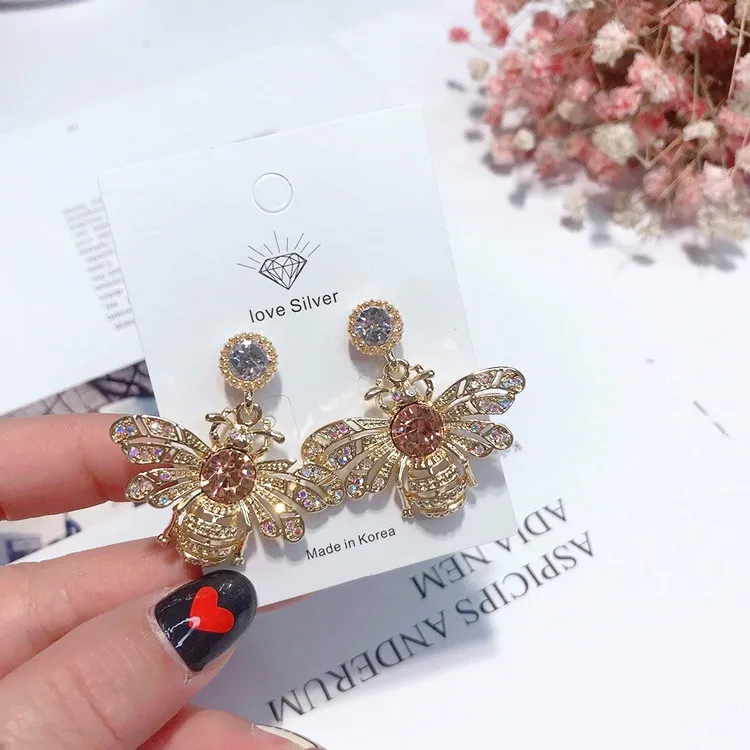 bee insect cz earring 925 silver post Hypoallergenic fadeless alloy fashion jewelry stud earrings for women girl Christmas gift