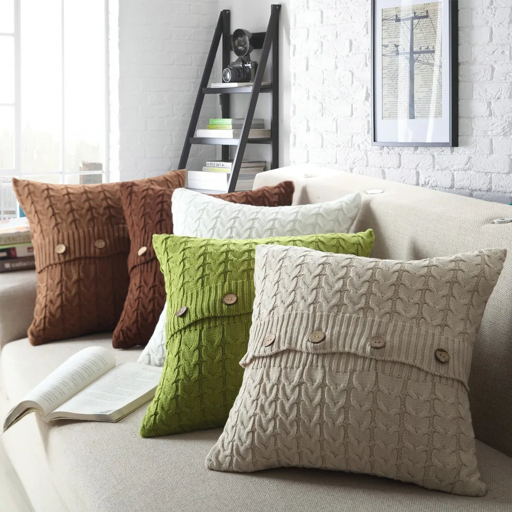 

100% Cotton Knitted Crochet Cushion Cover 45*45cm Double Twisted Button Knitted Cushion Cover Beige ,White ,Green ,Coffee