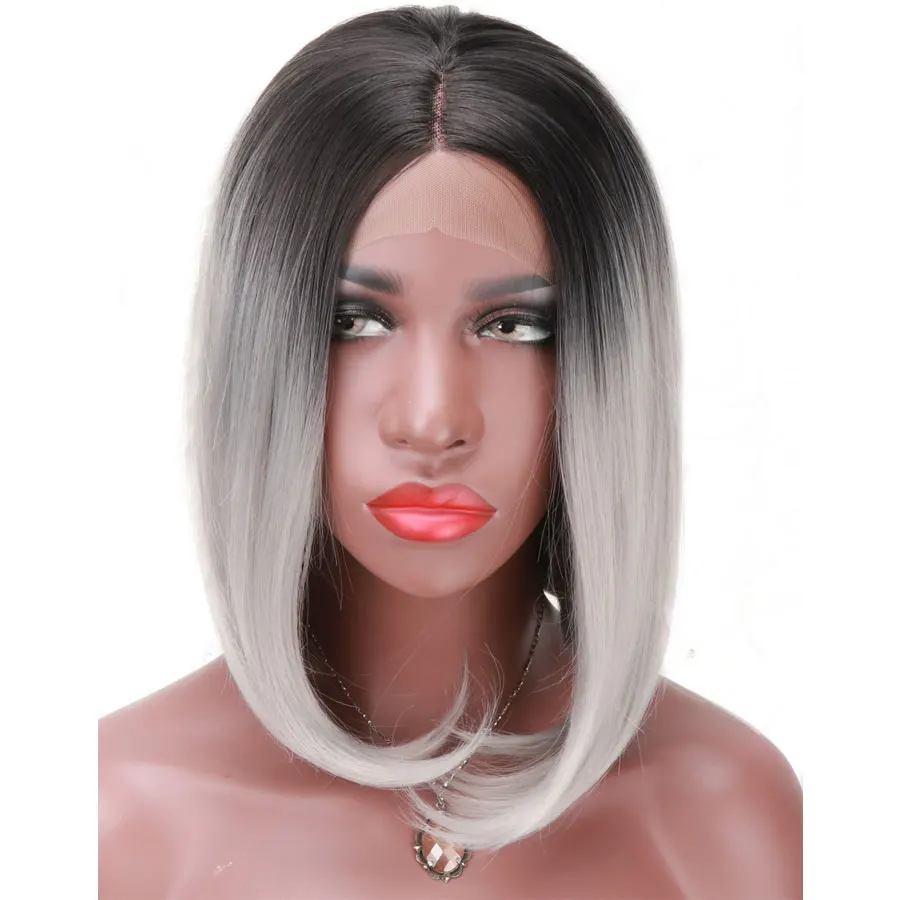 

JAZZWAVE Dark Root Ombre Gray Lace Front Synthetic Hair Wigs Short Bob Silky Straight Wig for Women