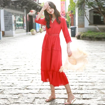 

Teens Girls Summer 2019 New Travel Seaside Holiday Red Dress Fashion Temperament Casual Vintage V-neck Ladies Party Dress