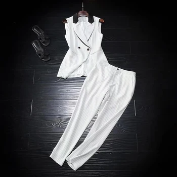 

2018 Limited V-neck Summer New Suit Stitching Lapel Sleeveless Shirt + High Waist Striped Nine Pants Two Sets Of Female