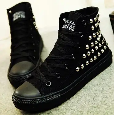 HKJL/Новинка; высокие парусиновые туфли в стиле панк; тонкие туфли с завязками; для мужчин и женщин; заклепки Повседневная обувь; большие размеры - Цвет: Pure black spike