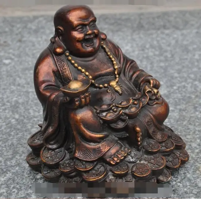 

S05612 chinese buddhism bronze wealth money yuanbao happy laugh Maitreya Buddha statue