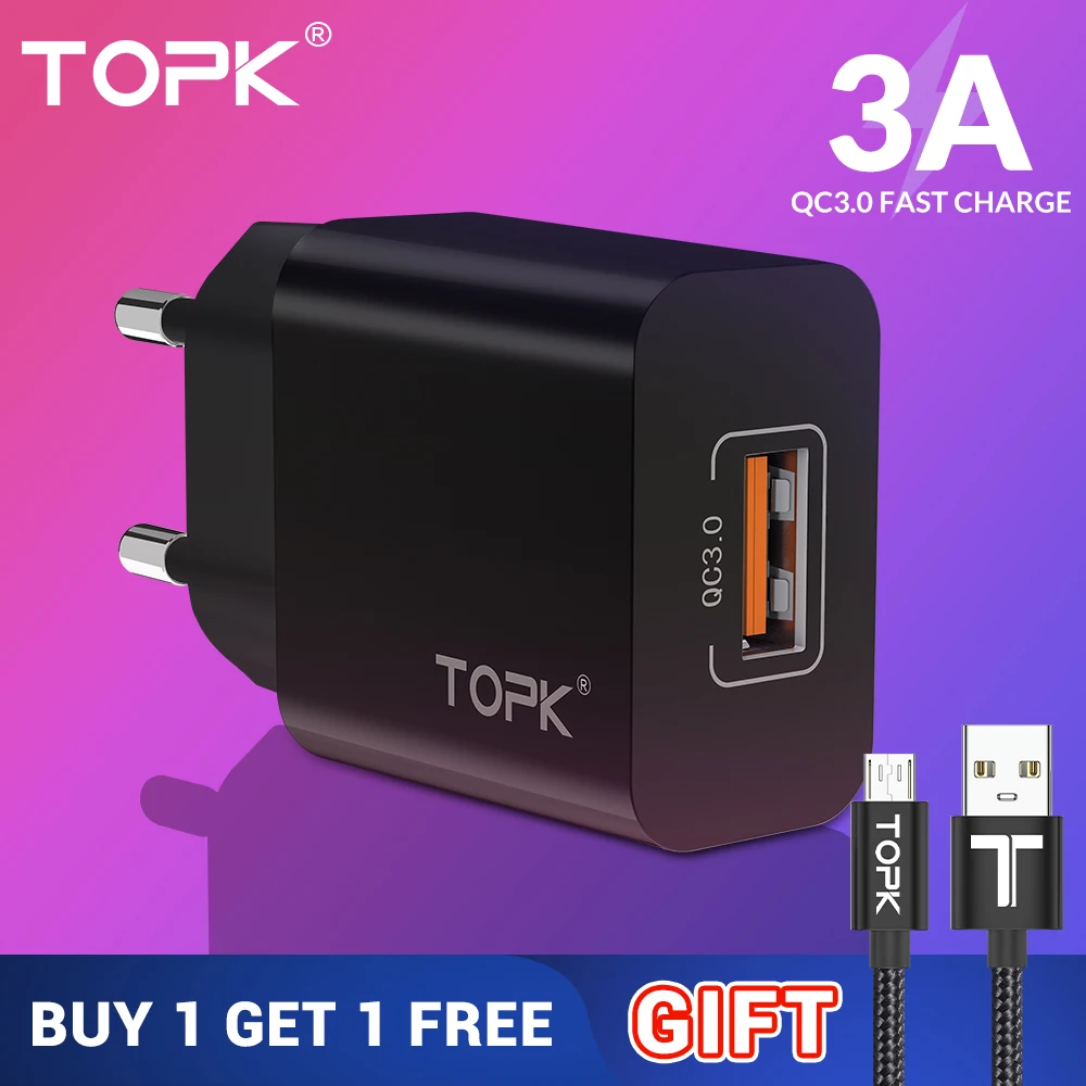 

TOPK 18W Quick Charge 3.0 USB Fast Charger QC 3.0 for iPhone Huawei Xiaomi Samsung Travel Wall Mobile Phone Charger EU Adapter