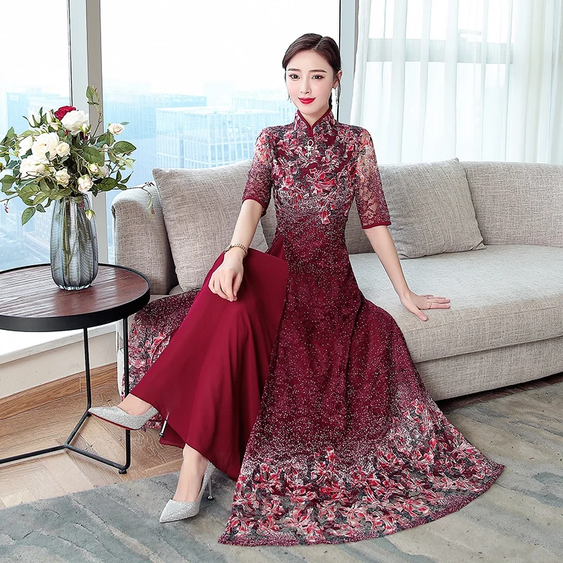 ao dai вьетнамское традиционное длинное платье, женское винтажное платье Ципао с коротким рукавом, халат-новинка, элегантное платье с цветочным принтом - Цвет: color2