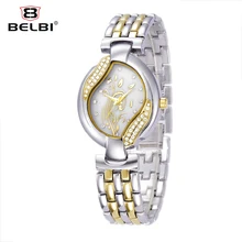 Belbi Top Marque Quartz Femmes Montre De Mode Feuille Style Acier Femelle Montres Dames Or Robe Étanche Strass Montres 2016