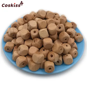 

100pcs High quality Faceted beech Wood Bead, 12mm Unfinished Natural Figure Quartet Wooden cube Beads For DIY Nursing Teether