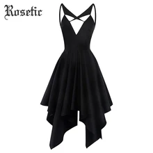 

Rosetic Gothic Women Dress Summer V Neck Braces Backless Asymmetric Fashion Travel Beach Party Sexy Slim Girl Goth Mini Dresses