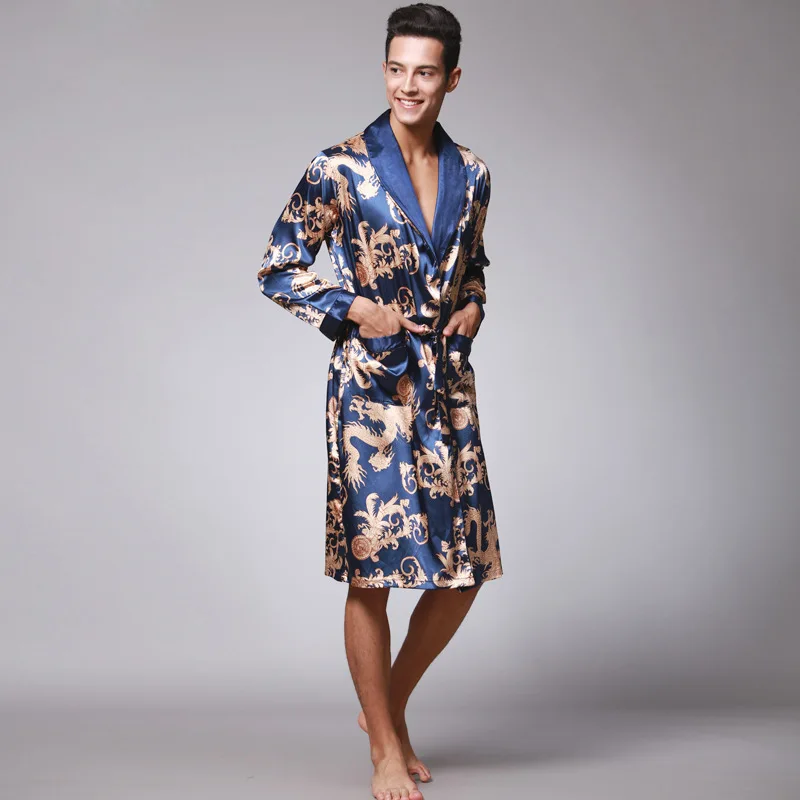 Новое поступление, темно-синий китайский мужской халат из искусственного шелка, ночное кимоно, платье юката, летняя повседневная одежда для сна размера плюс, L, XL, XXL, XXXL, Z002 - Цвет: NAVY BLUE