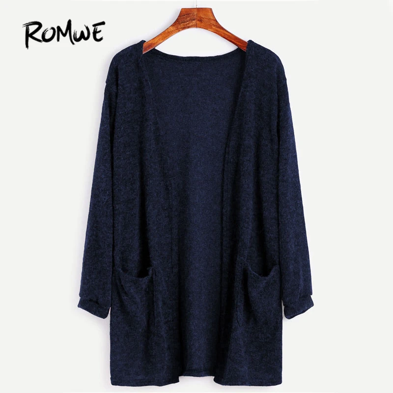 

ROMWE Navy Basic Long Cardigan Women Open Front Solid Pockets Brief Sweater Fall Fashion Cocoon Loose Casual Cardigan