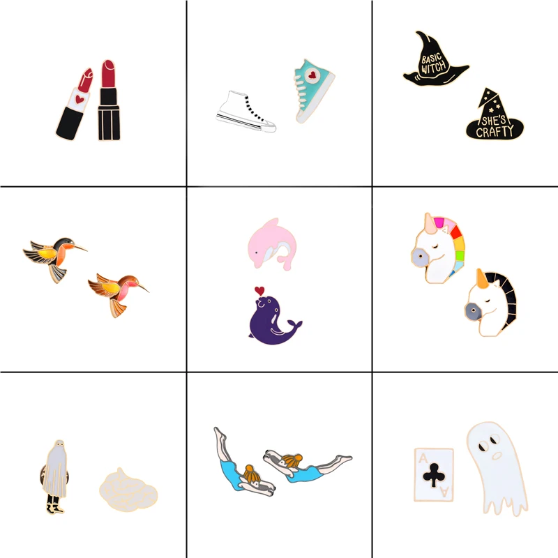 

9 style 2pc/set Animal Bird Dolphin Horse Fashion Metal Pins Lipstick Shoes Hat Funny A Brooch Jewelry Sweater Badge Women Gift
