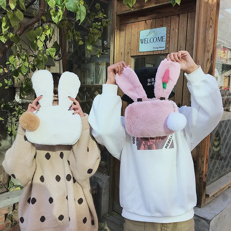 

Japanese Girl Student Cute Rabbit Plush Cartoon Funny Rabbit Ears Carrot Shoulder Bag Messenger Hand Bag Phone Purse Pouch Bags