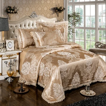 

IvaRose 4-Pcs gold silver lace Jacquard Bed Cover Queen King Size Luxury Bedding Set Silky Bedclothes Duvet Cover Bed Sheet set