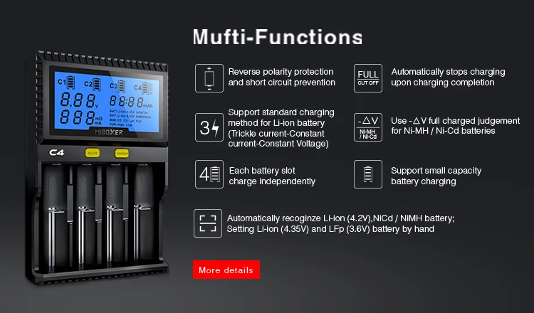 Miboxer C4 ЖК-дисплей смарт-зарядное устройство для литий-ионных IMR ICR LiFePO4 18650 14500 26650 21700 AAA батареи 100-800mAh 1.5A