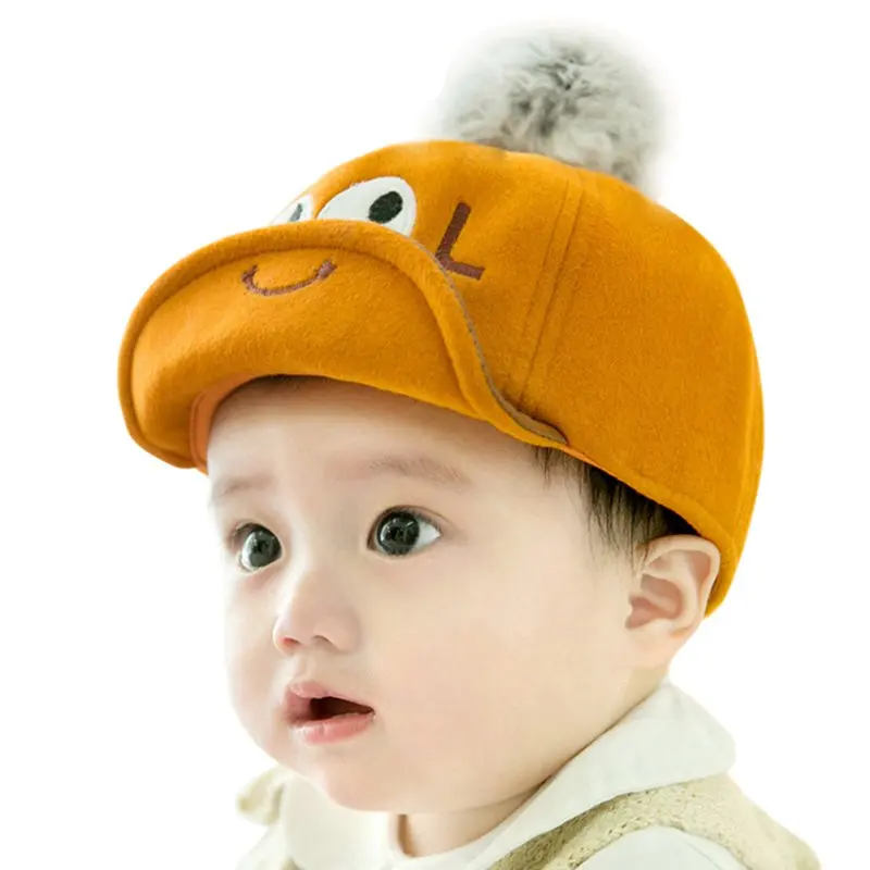 

Baby Infant Boy Girl Cap Snapback Casquette Peaked Hat Cute Eye Printed Fur Ball Baseball Cap 6-24M