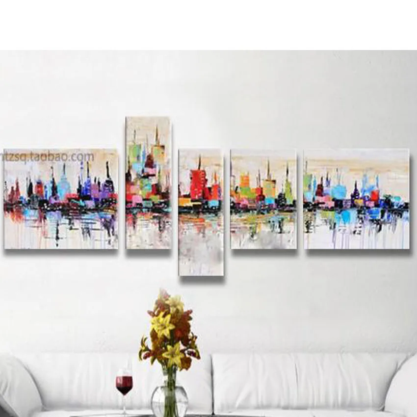 

Free Shipping City Building 5 Pcs Handmade Modern Crazy Abstract Oil Painting Canvas Wall Art Home Decoration City No Frame
