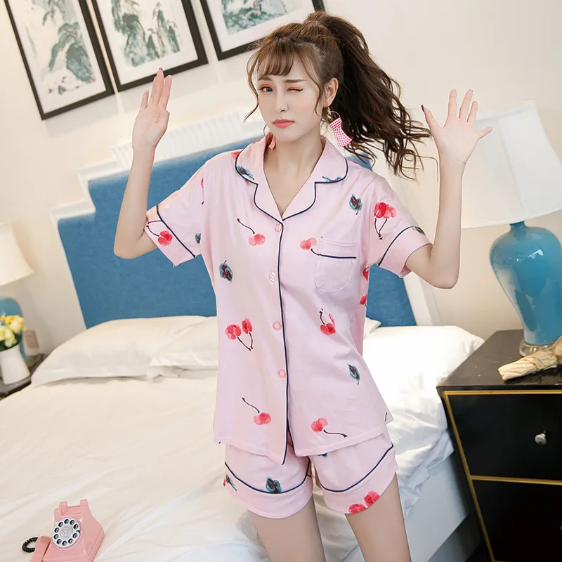 

100% Cotton Ladies Shorts and Small Turn-over Cardigan Set Summer and Autumn Outerwear Pajamas Short-sleeved Home Service Suits
