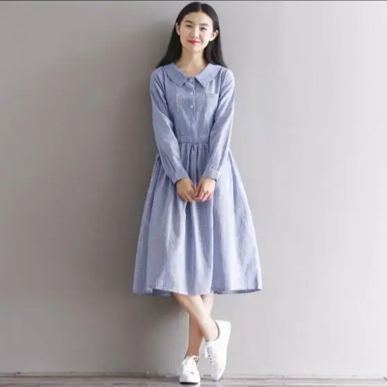 

Japanese Mori Girl Dress 2018 Autumn Women Students Literary Striped Long Sleeve Peter Pan Collar Long Cotton Linen Dress AW595