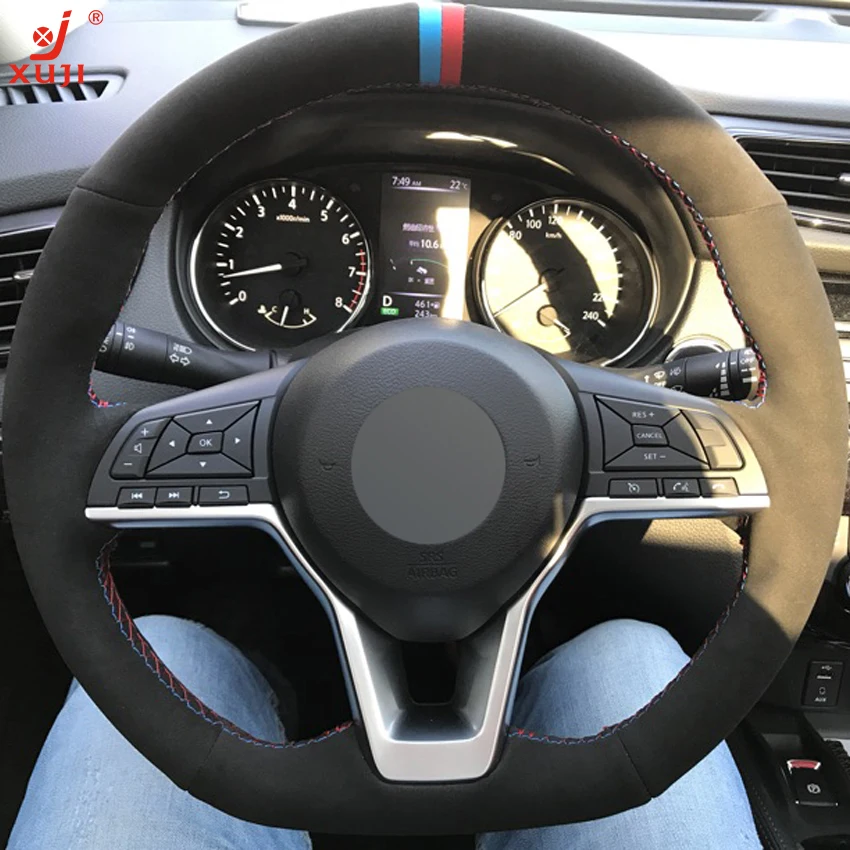 XUJI Black Suede DIY Hand stitched Car Steering Wheel Cover for Nissan