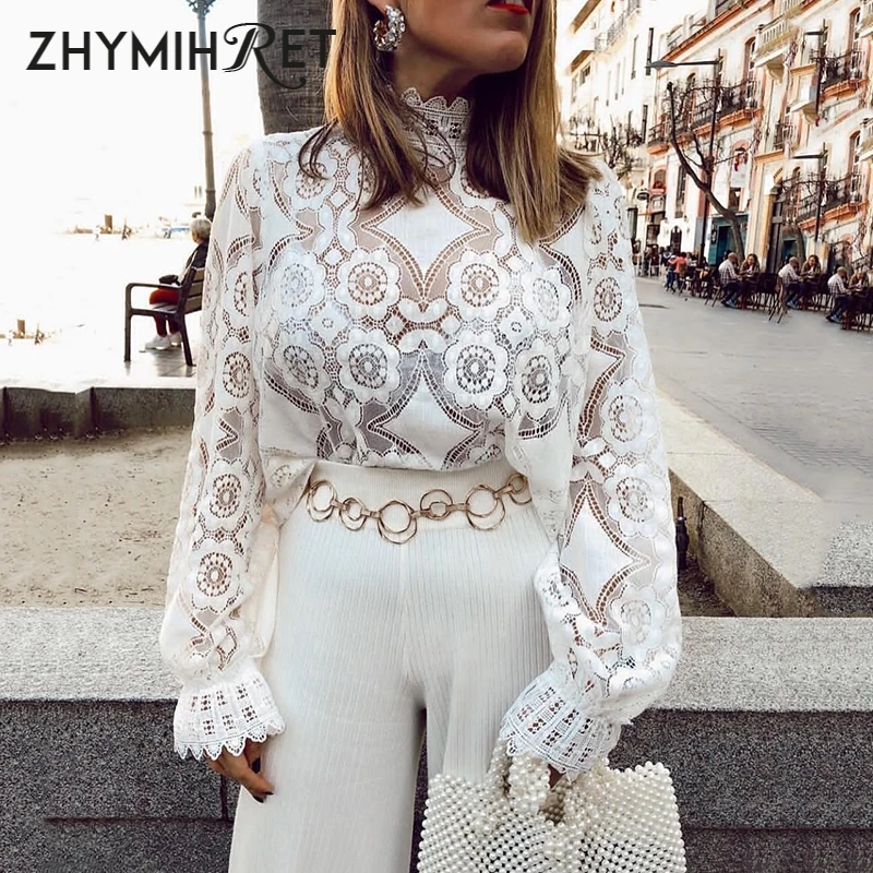 Женские кружевные топы и блузки zhymifret ажурные Блузы с длинным рукавом ложным