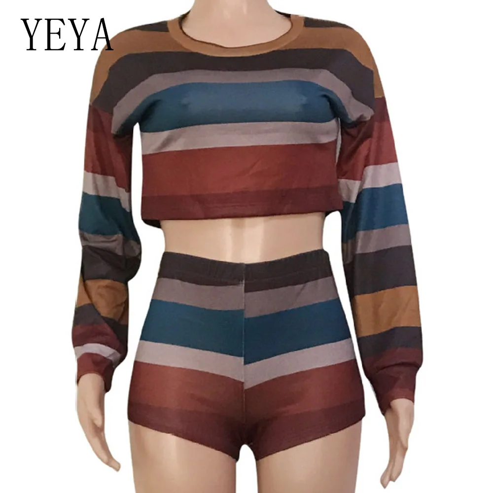 YEYA Big Size Striped Playsuit Autumn Spring Long Sleeve Casual Women Rompers Jumpsuit Short Pants Two Piece Set Overalls Female