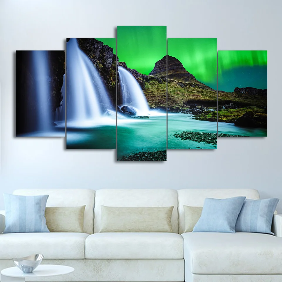 

Modular Canvas Prints Pictures Wall Art 5 Pieces Iceland Aurora Kirkjufellsfoss Waterfall Paintings Home Decor Poster Framework