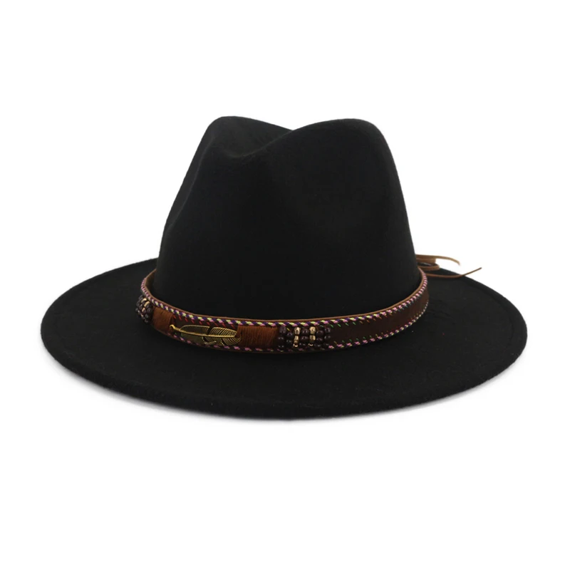 QIUBOSS суперзвезда с широкими полями винтажные шерстяные фетровые шляпы для женщин Панама Федора для мужчин фетровая шляпа сомбреро Chapeau Femme Gambler Trilby - Цвет: Черный