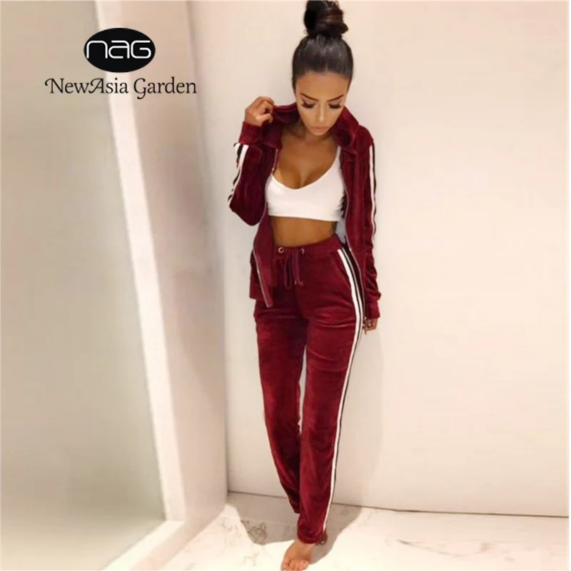 

NewAsia Garden 2017 NEW fashion Velvet Tracksuit Two Piece Set Women Sexy Long Sleeve Hooded Top And Pants Casual women Suit