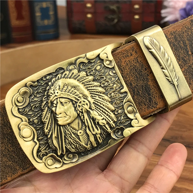 Cinturón de vaquero de latón con hebilla de cinturón de cuero para hombre, cinturón de cuero de Metal para hombre, correa de cuero, Cinturon MBT0070 - 1