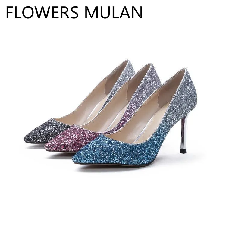 

Luxury Shimmering Sequined Leather Ladies Pumps Pointed Toe Slip On Women High Heels Shoes Shallow Bride Wedding Banquet Shoes