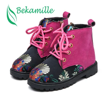 

2017 Autumn Winter Children Martin boots Girls lace up Ankle boots Chinese style embroidery Restor flat heel Kids shoes for girl