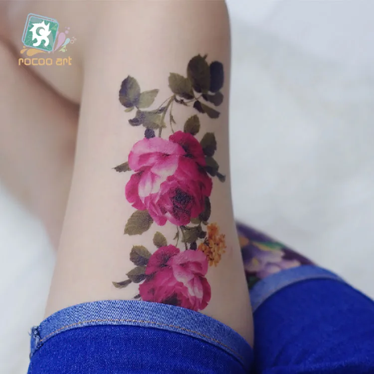 Rocooart серия QC, большой цветок, водостойкая временная татуировка, наклейка, декор в виде розы, поддельные татуировки для девушек, тату для женщин