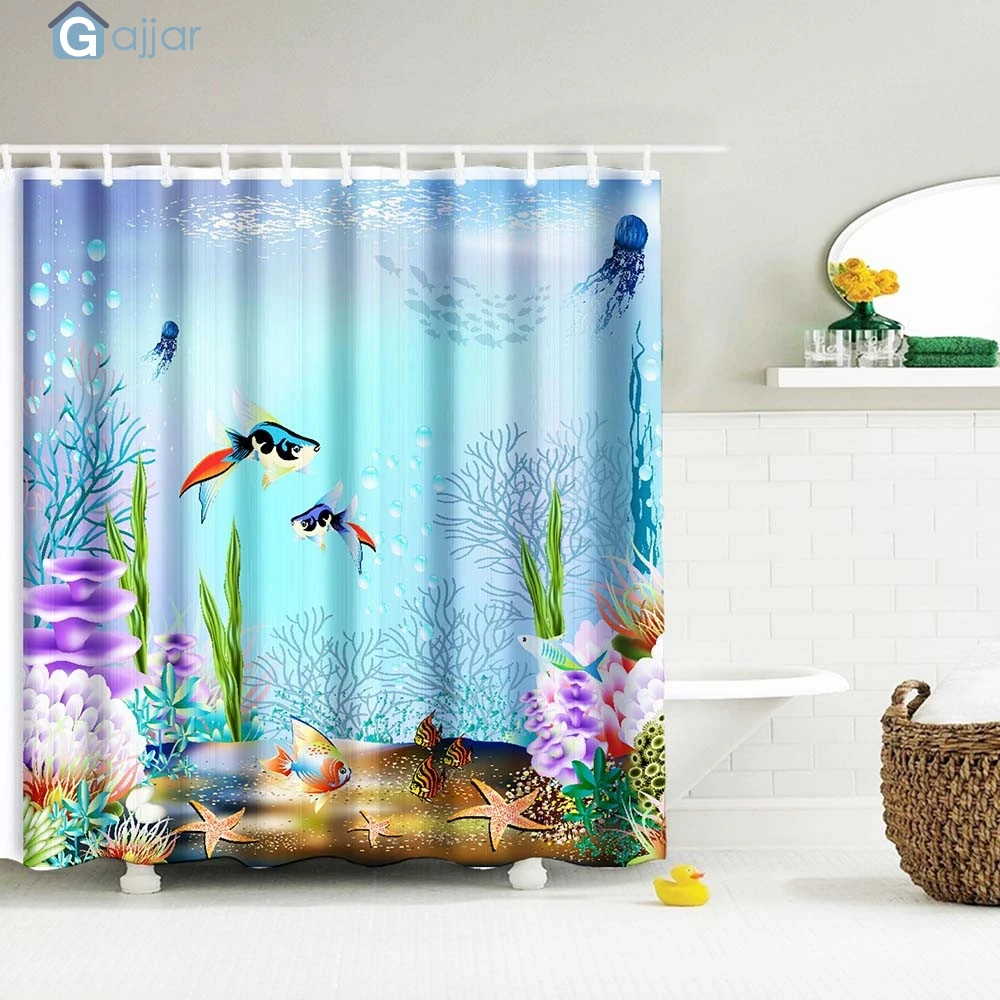 GAJJAR HOT Digital Print Waterproof And Mildewproof Shower Curtain Size 180*180 CM 165x180cm Ocean Cartoon Style 18Oct23