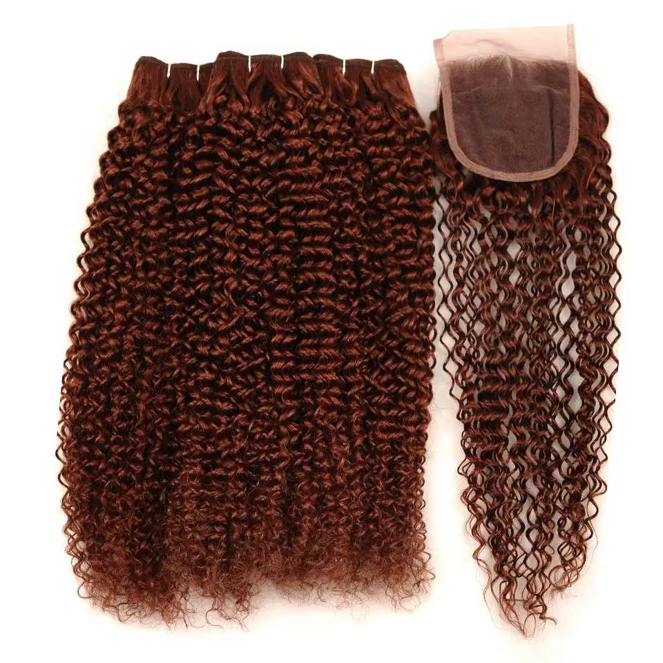 Pinshair Pre-Colored Peruvian Hair Jerry Curly Cheap 3 Bundles With Closure #33 Light Brown Color 100% Human Hair One Pack Sale (166)