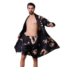 Мужской халат с принтом дракона, летний халат, шелковистый халат из 2 предметов, одежда для сна, ночная рубашка с длинным рукавом, большие размеры 3XL 4XL 5XL