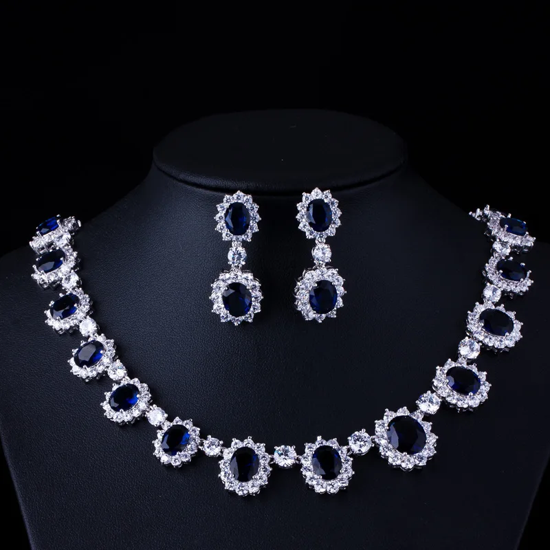 High end Banquet Sapphire Jewelry Set Micro Inlay Dark Blue Oval Shape