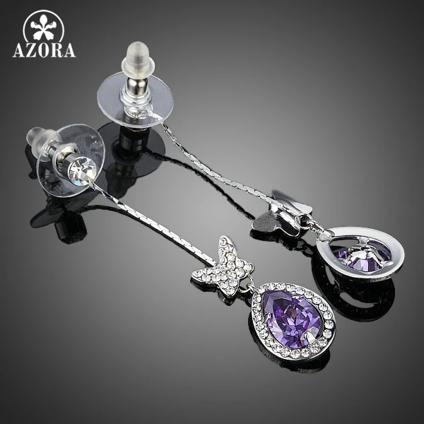 AZORA Butterfly with Princess Purple Water Drop AAA+ Cubic Zirconia Drop Line Long Earrings For Girls TE0188