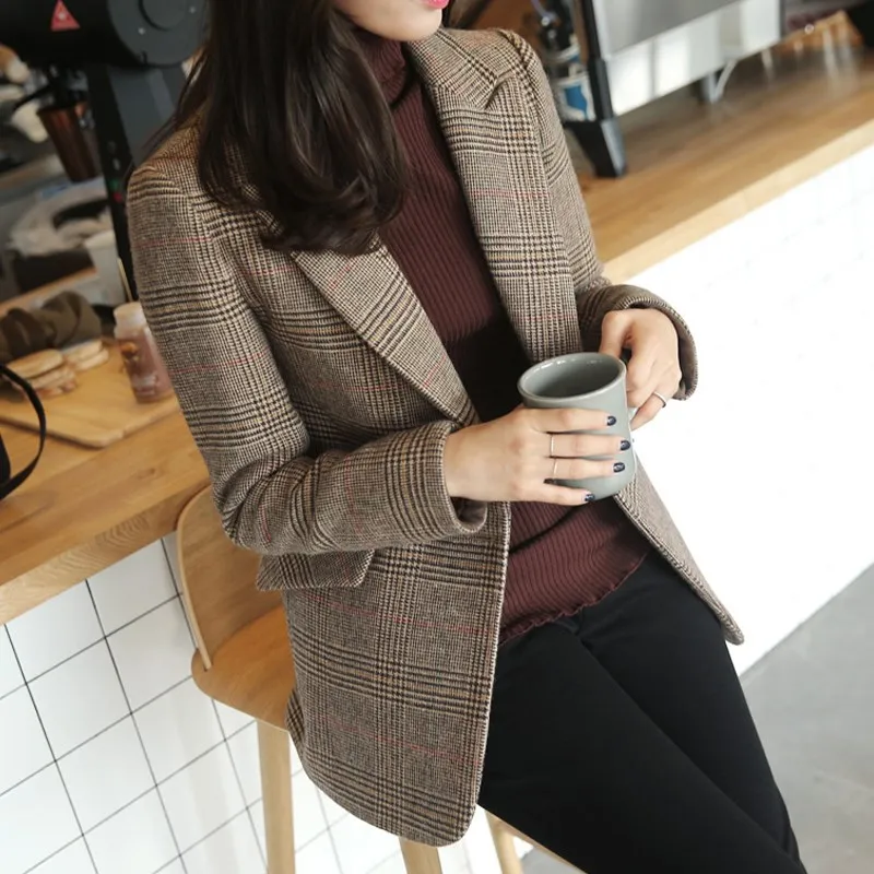 Acheter Nouvelle veste Harajuku recadrée coréenne Streetwear Tweed velours côtelé grande taille Long manteau Slim fit tempérament Plaid veste courte marée