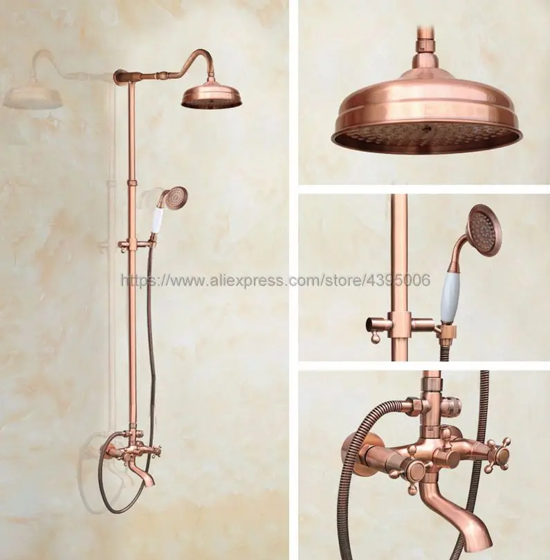 

Antique Red Copper Rain 8" Shower Faucet Wall Mounted Shower Set + Tub Spout + Ceramic Hand Held Shower Brg653